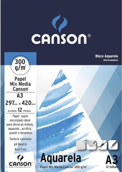 Bloco aquarela A3 300g com 12 folhas Canson