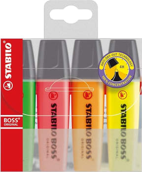 Marca Texto - STABILO BOSS ORIGINAL– Estojo com 4 unidades – Em cores clássicas