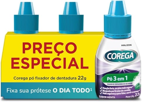 Corega Pó Fixador de Dentaduras de Uso Diário, Forte Fixação por Até 12h, Cor Roxa, Kit 3 Unidades, 22g Cada