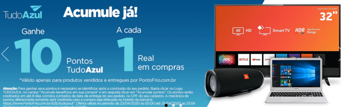 Ganhe 10 pontos Tudo Azul a cada 1 real em compras!