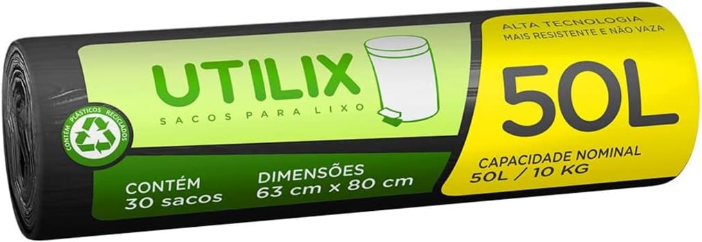 3 Rolos — Utilix - Rolo com 30 Sacos para Lixo Dover-Roll, 50L/10 kg, Preto