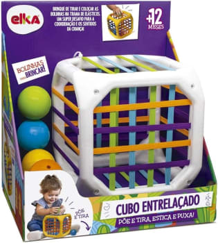 Cubo Entrelaçado, Elka, Cubo Branco com elásticos coloridos/bolinhas amarela, azul, laranja, verde