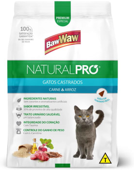 10 Unidades - Ração Baw Waw Natural Pro para Gatos Castrados Sabor Carne e Arroz - 10kg