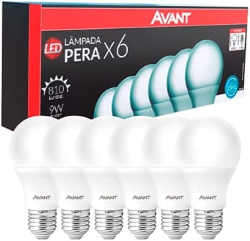 Kit Lâmpadas Pera LED, 6 unidades, 9W, Luz branca 6500K, soquete E27, Bivolt, Avant   