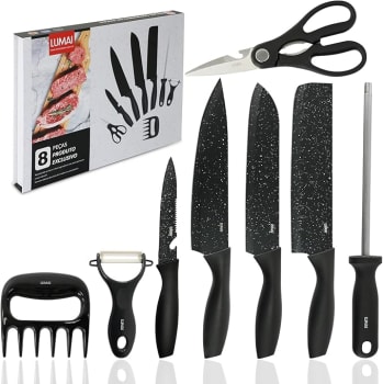 Conjunto de Facas 8 acessórios para Churrasco Cozinha de Aço Inox LUMAI Kit Completo do Chef com Facas Amolador Garra de Carne (Preto Granulado)