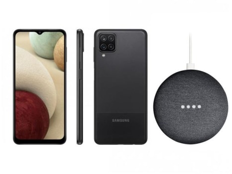 Smartphone Samsung Galaxy A12 64GB Preto 4G - 4GB RAM + Nest Mini 2ª geração Smart Speaker
