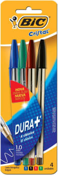 Caneta Esferográfica BIC Cristal Dura Mais, A Clássica, 878710, c/ 4 unidades - 1 Azul + 1 Preta + 1 Vermelha + 1 Verde