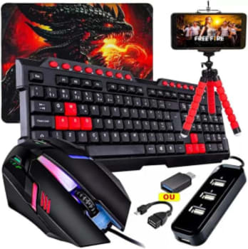 Kit Mobilador Teclado Com Teclas Destacadas Vermelha + Mouse Led 7 Cores + Pad Speed + Suporte de Celular (OTG TIPO C)