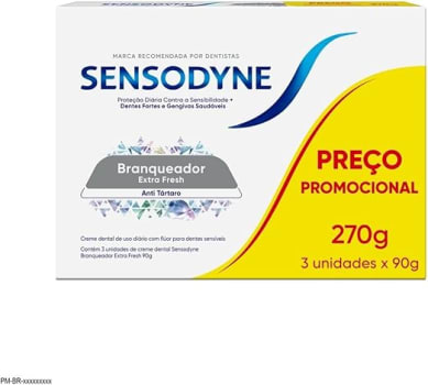 Sensodyne Creme Dental Branqueador para Dentes Sensíveis Extra Fresh, Anti Tártaro, Proteção Diária, Leve 3 unidades e Pague 2, 90g cada