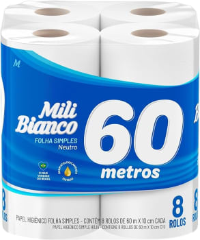 3 Pacotes — Papel Higiênico Mili 60m - 8 Unidades Cada