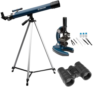 Kit Telescópio 50mm Refrator, Microscópio 900x e Binóculo 4x30 Meade