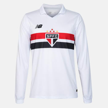 Camisa São Paulo I 24/25 s/n° Torcedor New Balance Manga Longa Masculina - Branco+Vermelho