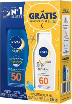 Kit NIVEA SUN Protetor Solar Protect & Hidrata FPS50 200ml + Protetor Solar Kids Sensitive FPS60 125ml, Nivea