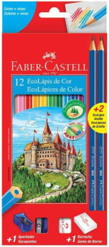 Kit Escolar Lápis de Cor Sextavado + 2 Lápis Max + Apontador + Borracha, Faber-Castell, 12 Cores