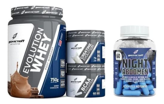 Kit Suplemento - Whey Creatina BCAA + Night Abdomen Bodyaction (4 produtos)