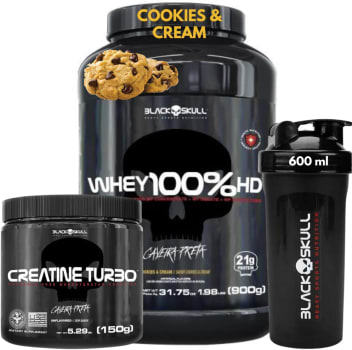 Whey Protein 100% HD Pure 900g Isolado - Hidrolisado - Concentrado Pote + Creatina Monohidratada 150g + Coqueteleira - Kit Black Skull Para Ganho de Massa e Força (Whey 100% Cookies