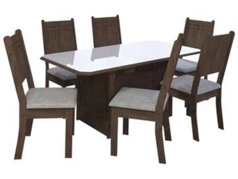 Mesa de Jantar 6 Cadeiras Retangular Indekes - Cristal Noce, Off White e Linho