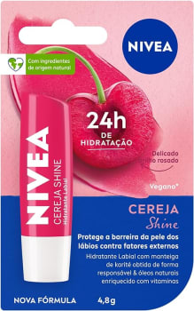 NIVEA Hidratante Labial Cereja Shine 4,8g - Cuidado e proteção para seus lábios por 24h, além de delicioso aroma de cereja e delicado brilho rosa