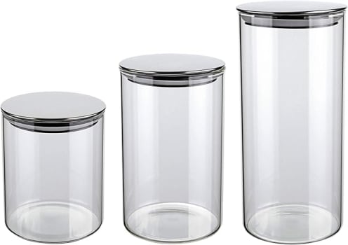 Euro, VDR6866-3, Conjunto com 3 Potes de Vidro transparente Slim com tampa Inox