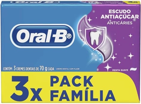 3 Pacotes Creme Dental Oral-B Escudo Anti Açúcar 70g Cada - 9 Unidades