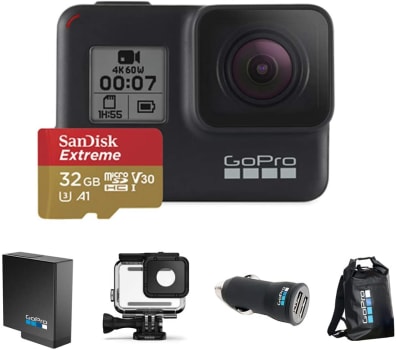 GoPro Câmera Hero 7 Black com Cartão 32GB Extreme + Bateria Extra + Caixa de Proteção + Carregador Veicular e Dry Bag 30l