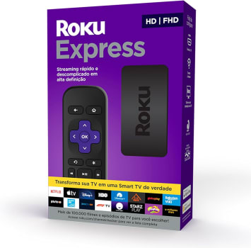 Roku Express - Streaming player Full HD. Transforma sua TV em Smart TV. Com controle remoto e cabo HDMI incluídos.