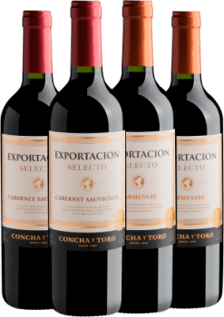 Kit Concha y Toro Exportacion Selecto: 2 Cabernet Sauvignon + 2 Carménère por R$39,90 cada garrafa