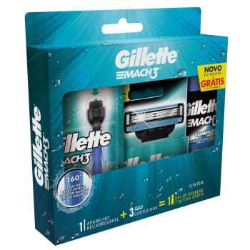 Kit Aparelho de Barbear Gillette Mach3 Acqua-Grip + 3 Cargas + Gel de Barbear Complete Defense 72 ml