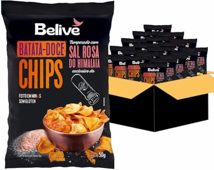 Belive Display Chips De Batata Doce Temperados Com Sal Rosa Do Himalaia Sem Glúten 50G - Caixa Com 20 Unidades