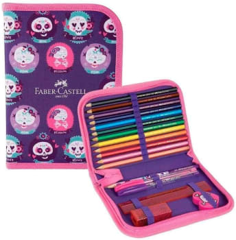  Estojo de Nylon com Kit Escolar, Faber-Castell, Caveirinhas, 18.2212RS, Roxo 