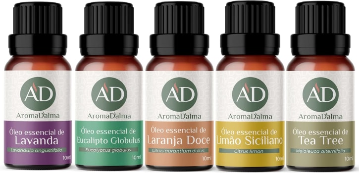 Kit Óleo Essêncial Completo Para Aromaterapia | Os 5 Aromas Mais Populares 100% Puros - Lavanda, Eucalipto, Limão Siciliano, Laranja Doce e Tea Tree (Melaleuca) - Aroma D’alma