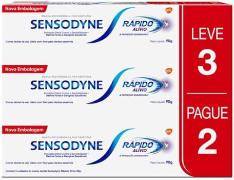 Sensodyne Creme Dental Rápido Alívio e Proteção Duradoura para Dentes e Gengivais Sensíveis, Leve 3 unidades e Pague 2, 90g cada