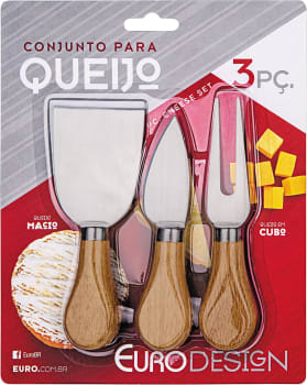 Conjunto Para Queijo 3 Peças Cabo De Madeira, QUE5555, Euro Home