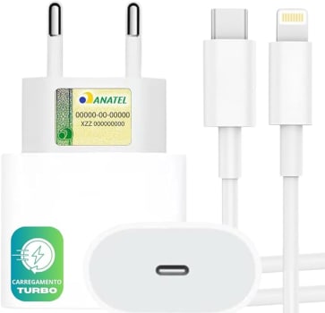 Kit Carregador Turbo Compativel C/Iphone, Cabo Usb-C-Lightning + Fonte Carregador 25W Ultra Rapido Compatível iPhone X Xr SE 11 12 13 14 Premium Protect SYSTEM