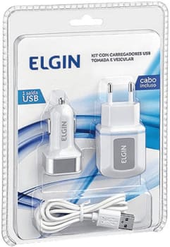  Kit Carregador USB de Tomada Bivolt, Carregador Veicular 1 Saída 1A, 5W e Cabo MicroUSB de 1 Metro, Elgin, 46RCK1USB00M, Branco 