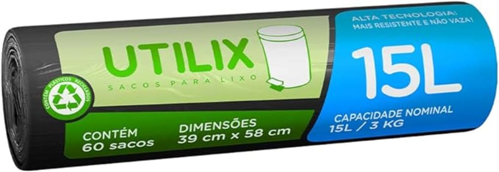 Utilix Saco Para Lixo Rolo Com 60 Sacos 15L Preto