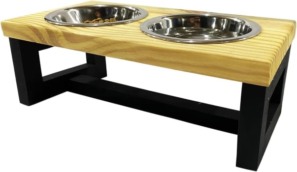  Luppet Comedouro para Cães e Gatos Paris Elevado com potes Inox Preto com Madeira de Pinus em Verniz, 45x22x18cm 