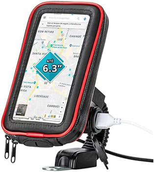 Suporte para Celular até 6.3" para Retrovisor de Moto com Carregador USB 2A Integrado Case Impermeável Rotação 360º Exbom SPCA35L