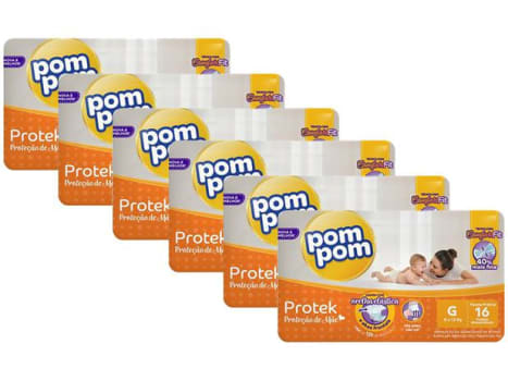Kit 6 Pacotes Fraldas Protek Proteção de Mãe G Pom Pom - 96 Unidades Total
