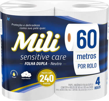 4 Unidades — Mili, Papel Higiênico Folha Dupla 4 Rolos, 60 Metros