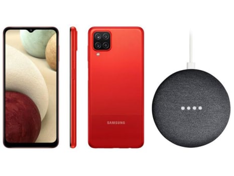 Smartphone Samsung Galaxy A12 64GB Vermelho 4G - 4GB RAM + Nest Mini 2ª geração Smart Speaker