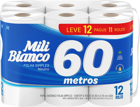 Papel Higiênico Folha Simples 60m Neutro L12P11 - 12 Rolos