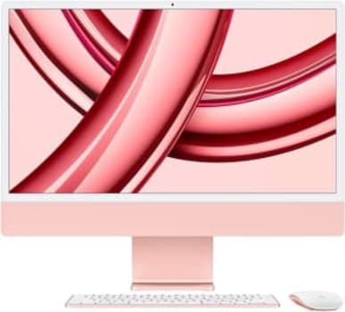 iMac. O computador desktop tudo em um da Apple com chip M3 (2023): CPU de 8 núcleos, GPU de 8 núcleos, tela Retina 4.5K 24 pol, 8 GB de memória unificada, SSD de 256 GB e acessórios na mesma cor.Rosa