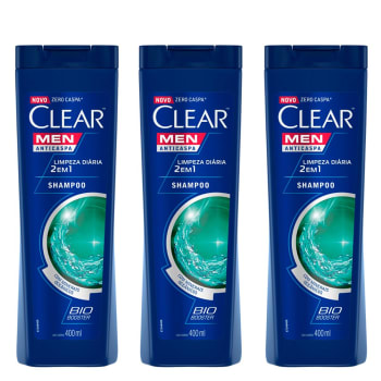 Kit Shampoo Anticaspa Clear Men Limpeza Diária 2 em 1 400ml com 3 - Incolor