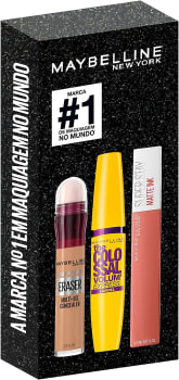 Kit Queridinhos Maybelline NY Batom Líquido Matte ink 65 Seductress + Máscara de Cílios Colossal Lavável + Corretivo Eraser 130 Medium