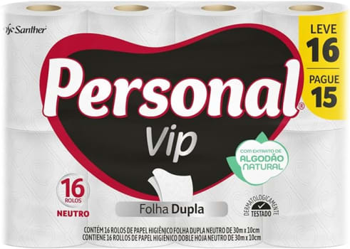 Personal Papel Higiênico Vip Folha Dupla, 16 Unidades Branco (Embalagem Pode Variar)