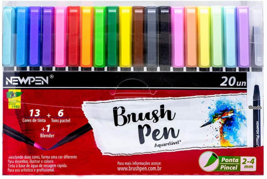 Caneta Ponta Pincel Newpen Brush Pen 19 Cores+1 Blender - 20 unidades