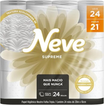 Neve Papel Higiênico Supreme Folha Tripla, 20m, Leve 24 Pague 21 Rolos