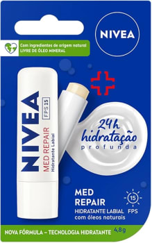 NIVEA Protetor Labial Med Repair FPS15 4,8g - Hidrata e regenera os lábios ressecados e machucados, com Vitamina E e óleos naturais, proporciona reparação intensiva e alívio imediato