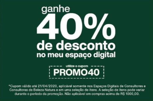 Cupom PROMO40 de 40% de desconto em produtos desta seleção!